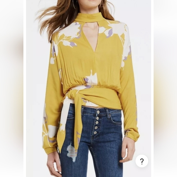 Free People Say You Love Me Yellow Keyhole Tie Waist Floral Top Size S - Picture 1 of 8